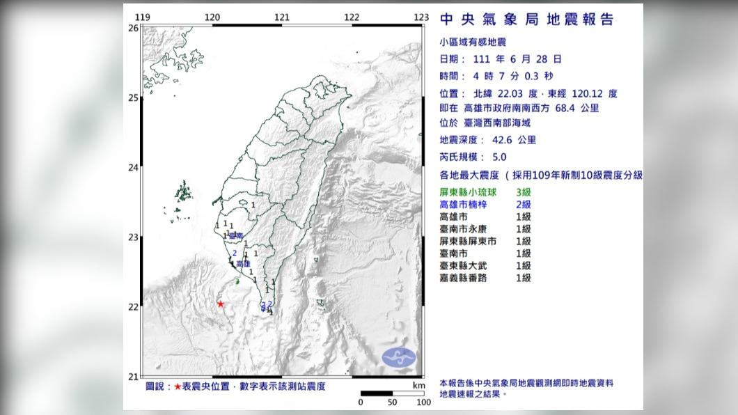 台灣西南部海域規模5.0地震 最大震度屏東縣3級