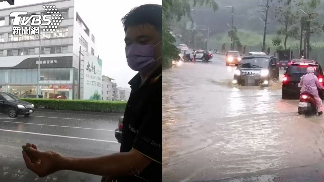 嘉義降暴雨，落雷轟屋頂、磁磚炸對街。（圖／TVBS）