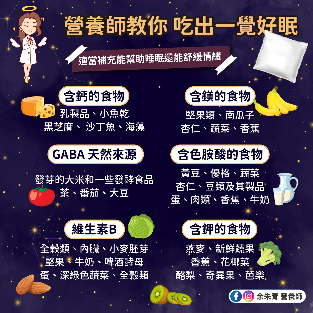 6大類助眠的食物。(圖/翻攝自余朱青營養師臉書)