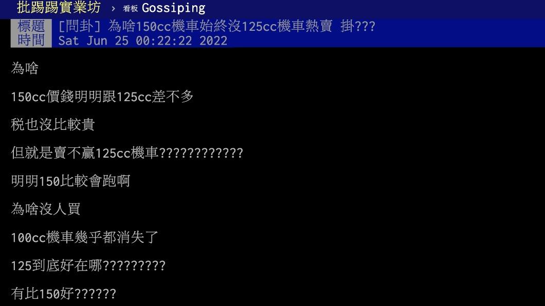 原PO好奇為何150cc機車很少人買?(圖/翻攝自PTT)