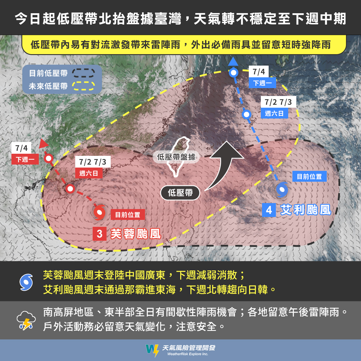 今日起低壓帶北抬盤據台灣,天氣轉不穩定至下週中期。(圖/翻攝自「天氣風險 WeatherRisk」臉書)