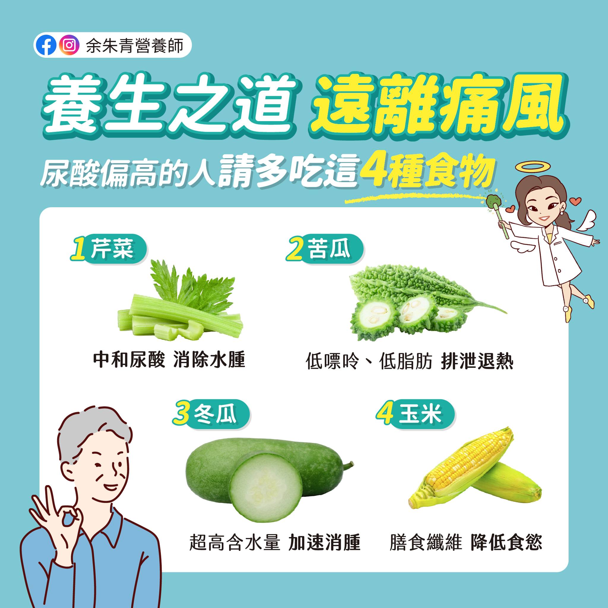 尿酸偏高的民眾多吃4類食物改善。(圖/翻攝自余朱青營養師臉書)
