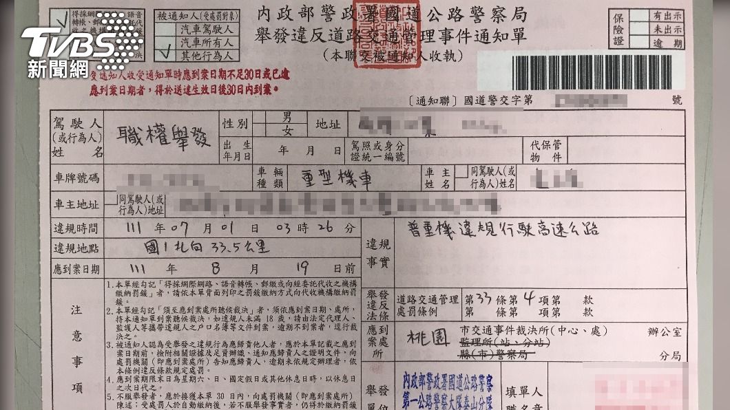 國道警察開出罰單。(圖/TVBS)