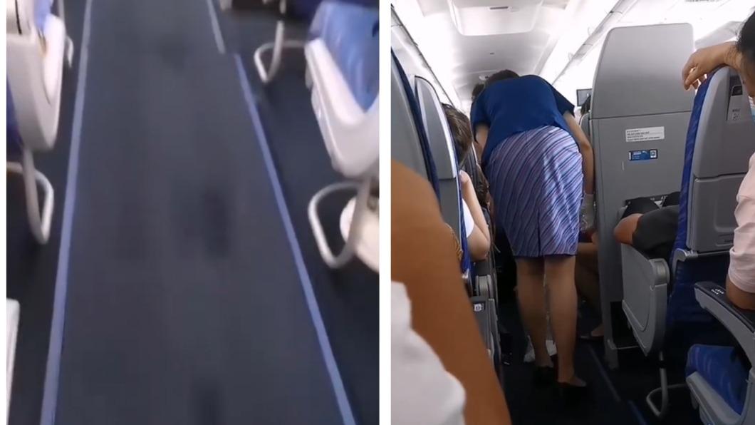 網友拍下空服員忙著清理的身影。(圖/翻攝自微博)