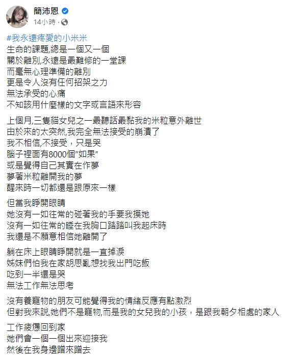 簡沛恩透過文字抒發思貓之情。(圖/翻攝自簡沛恩臉書)