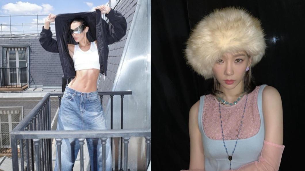 Y2K復古元素包含短版上衣X低腰褲及串珠飾品。(圖/翻攝自bellahadid、taeyeon_ss IG)