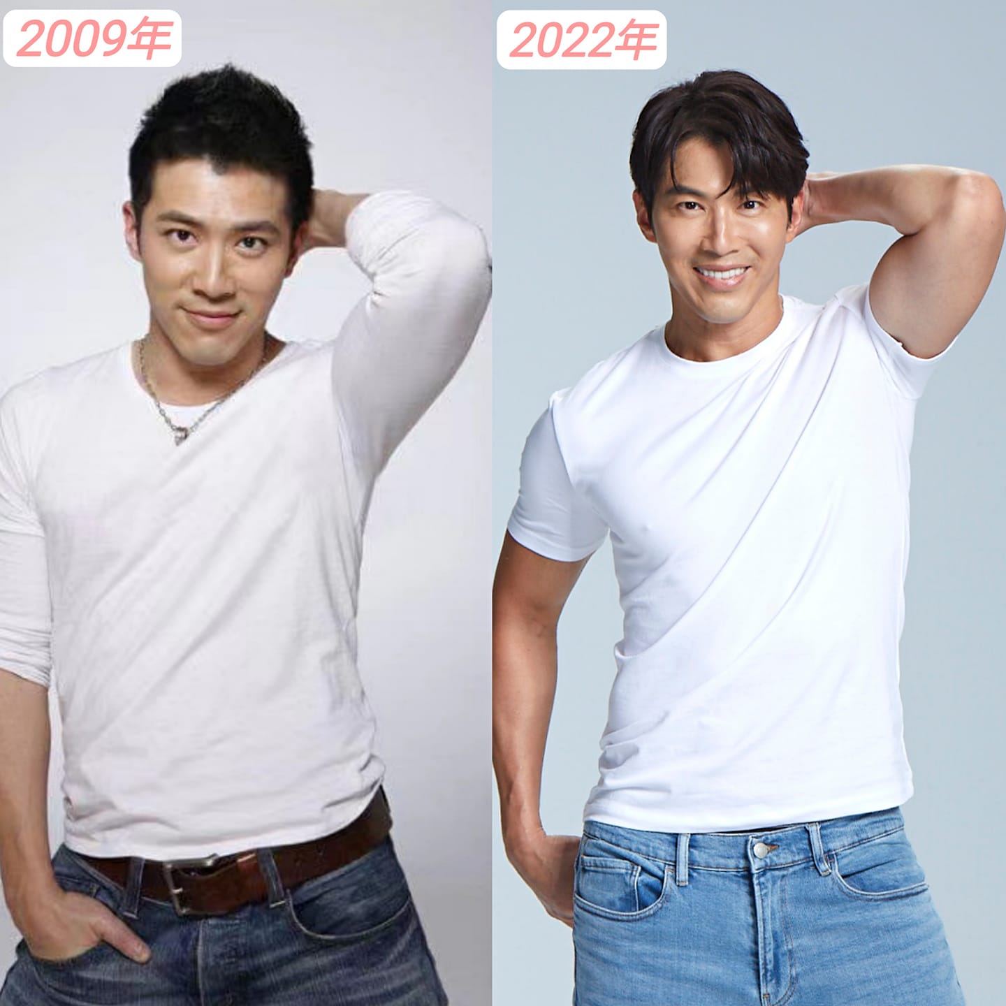 黃少祺分享13年前的與現在的廣告代言照,發現拍照姿勢竟然幾乎一樣。(圖/翻攝自黃少祺臉書)