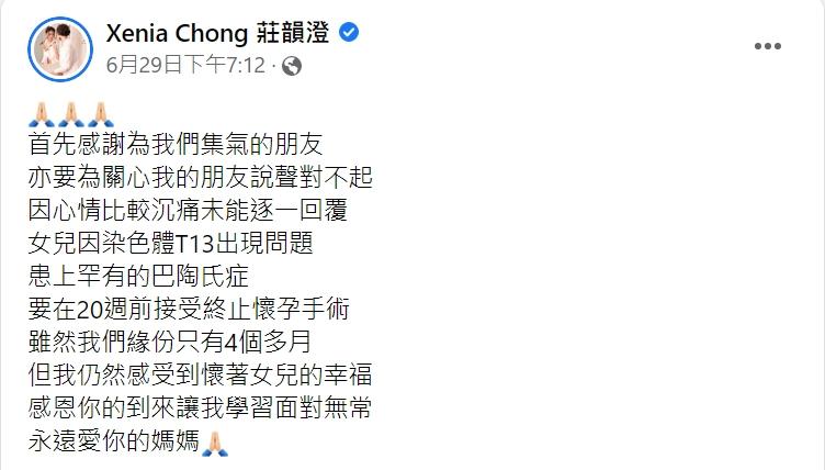 莊韻澄沉痛發文。(圖/翻攝自莊韻澄臉書)