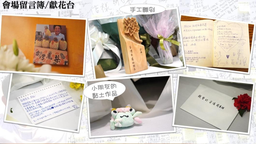 民眾留下手寫卡片、手作藝品悼念安倍晉三。(圖/翻攝自日本台灣交流協會臉書)