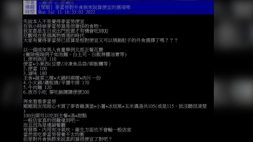 原PO認為麥當勞CP值算高。（圖／翻攝自PTT）