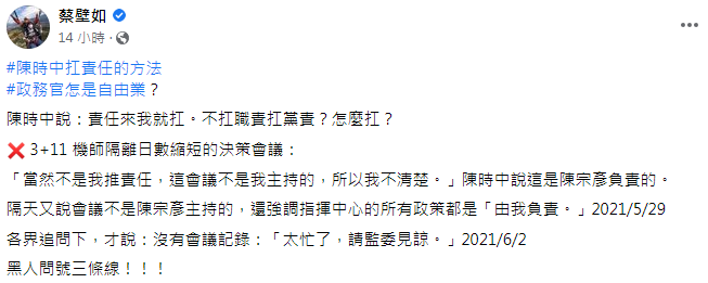 蔡壁如發文大酸陳時中。(圖/翻攝自蔡壁如臉書)