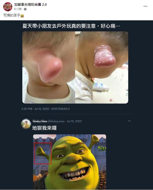 小孩耳朵腫得宛如史瑞克,引起網友熱議。(圖/翻攝自加藤軍台灣粉絲團 2.0)