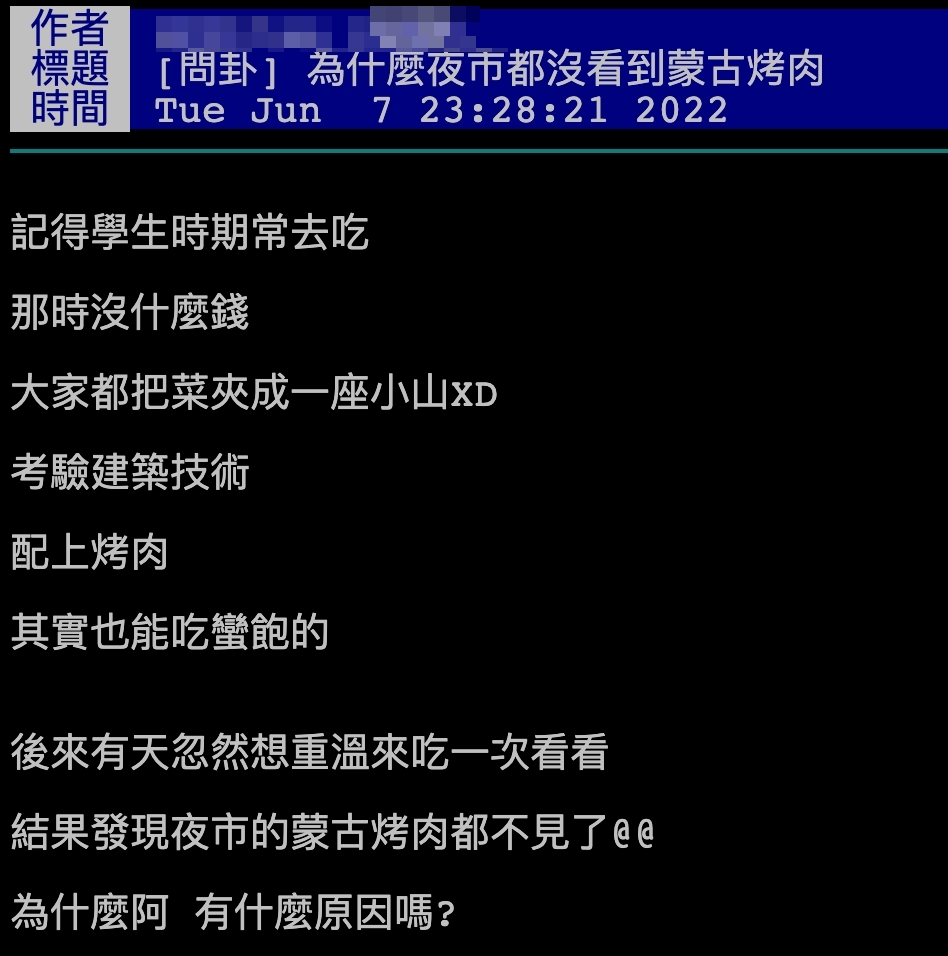 網友以標題「為什麼夜市沒看到蒙古烤肉」發文。(圖/翻攝自PTT)