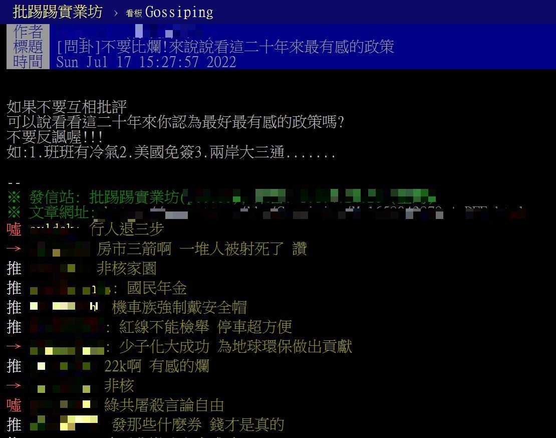 原PO詢問大家這20年最有感的政策是啥。(圖/翻攝自PTT)