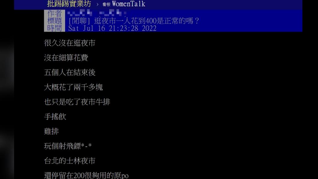 有網友感嘆去夜市一個人就花超過四百塊錢,太不合理。(圖/翻攝自PTT)