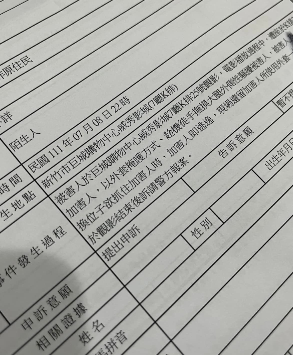 原PO曬出報案單。(圖/翻攝自新竹爆料公社臉書)