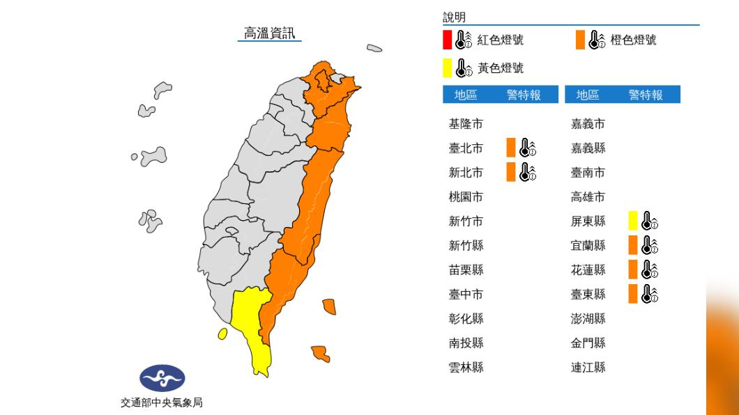 氣象局針對6縣市發布高溫燈號資訊。(圖/中央氣象局)