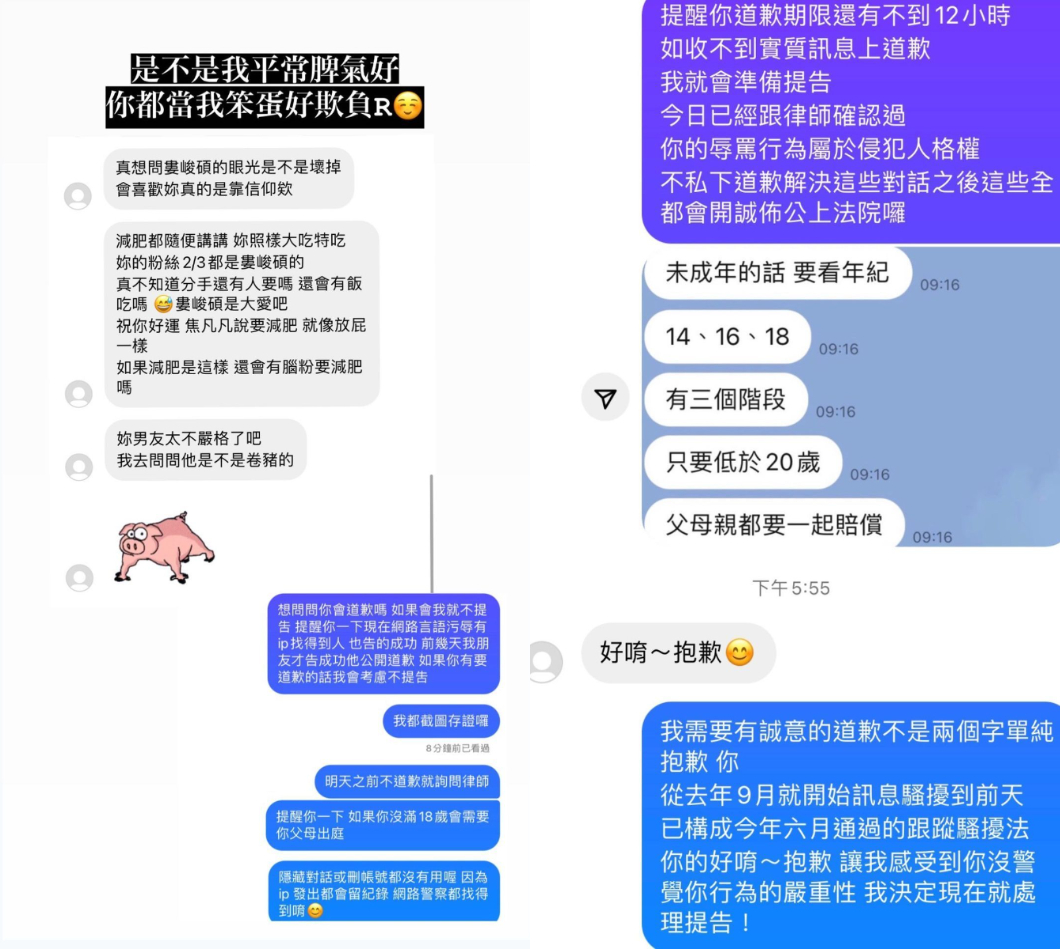 焦凡凡PO出與酸民私訊內容。(圖/fan0914fan IG)