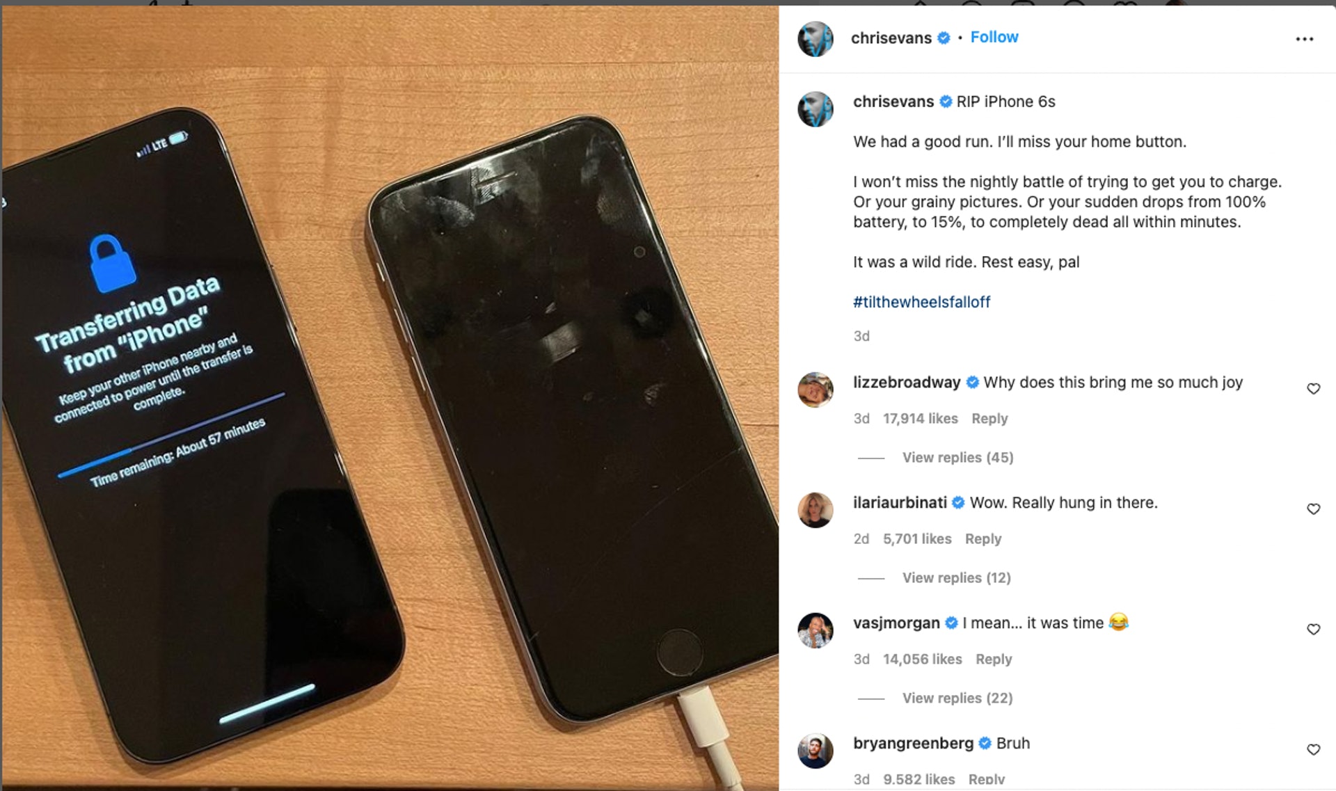 克里斯伊凡的iPhone 6s電池經常掛點。（圖／翻攝自克里斯伊凡IG）