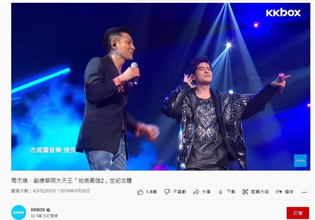 周杰倫2018年香港演唱會時請來劉德華當嘉賓。(圖/翻攝自 KKBOX YouTube頻道)