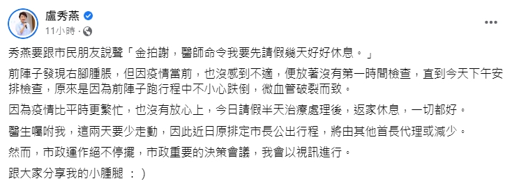 盧秀燕發文說明傷勢。(圖/翻攝自盧秀燕臉書)