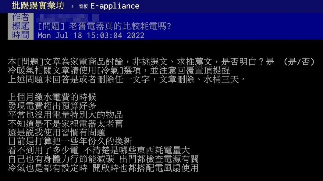 原PO詢問老舊家電是否比較耗電。(圖/翻攝自PTT)