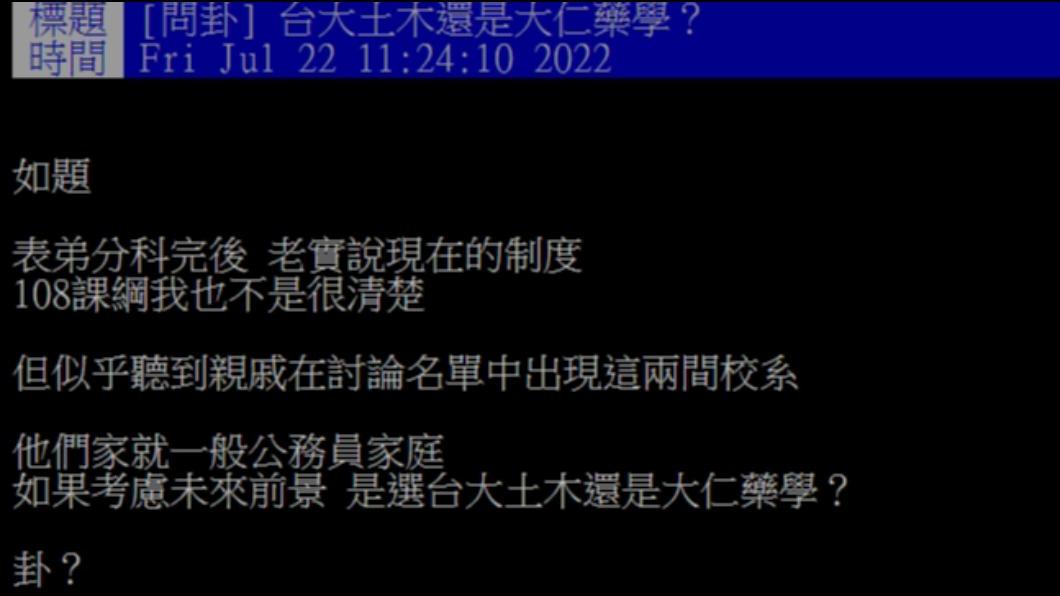 原PO好奇若考慮未來前景，該選台大土木系還是大仁藥學系。（圖／翻攝自PTT）