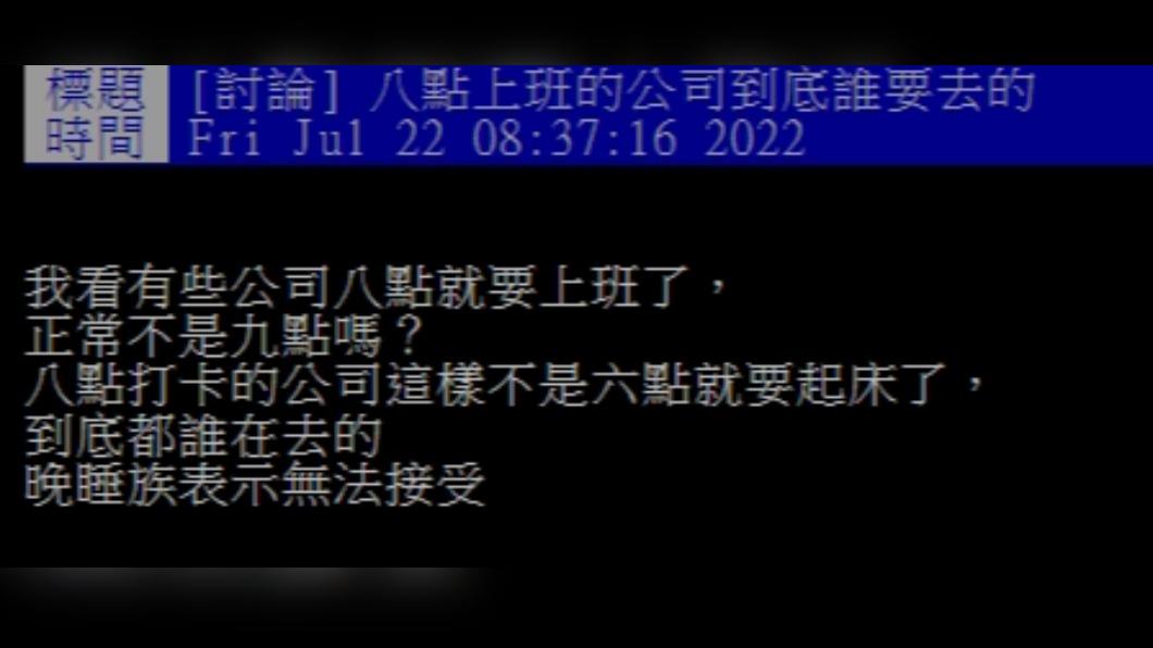 原PO不滿詢問「8點上班的公司到底誰要去的」。(圖/翻攝自PTT)