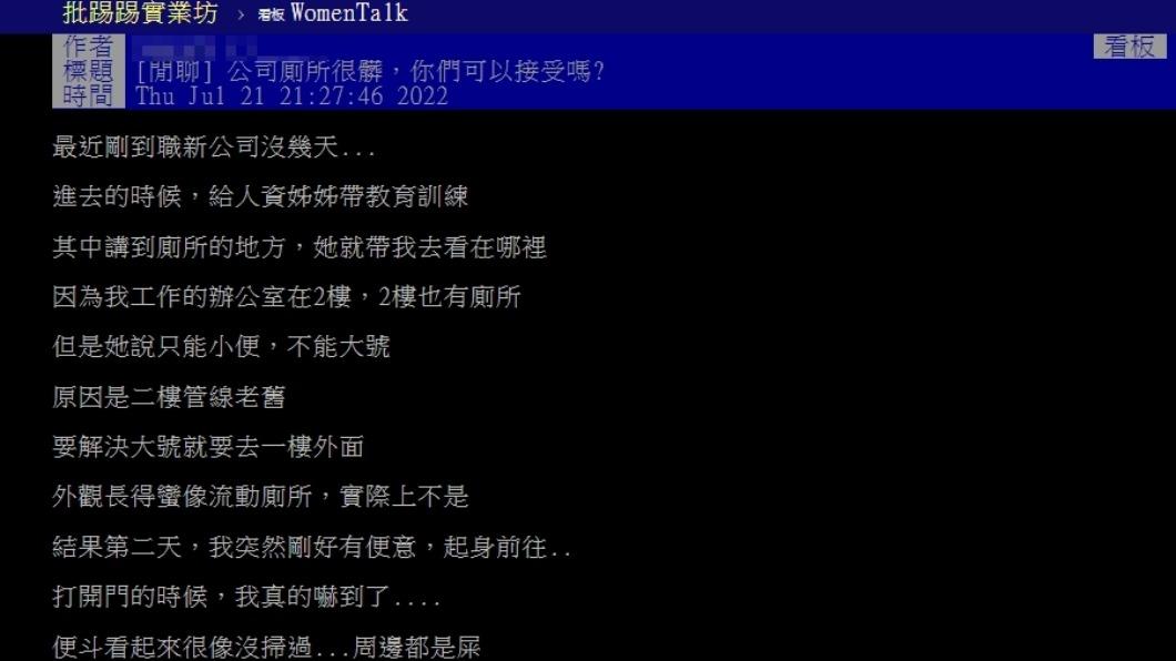 原PO詢問公司廁所很髒，大家是否可以接受。（圖／翻攝自PTT）