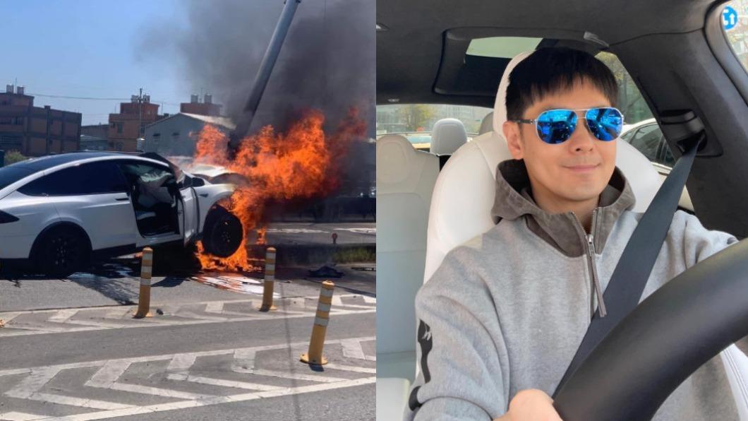林志穎上月駕駛特斯拉發生火燒車事故。(圖/翻攝自記者爆料網、林志穎臉書)