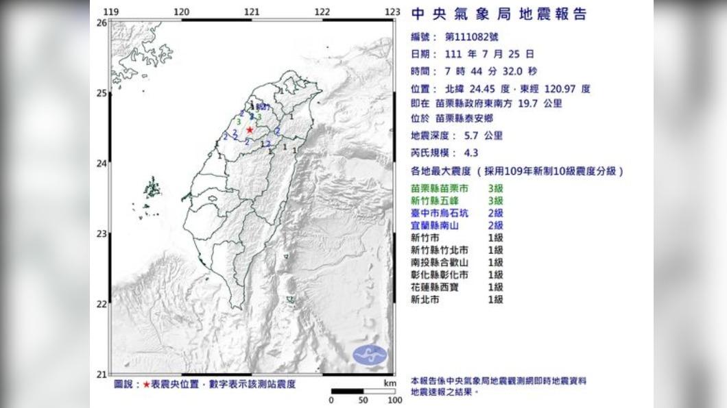 中央氣象局地震報告。(圖/中央氣象局)