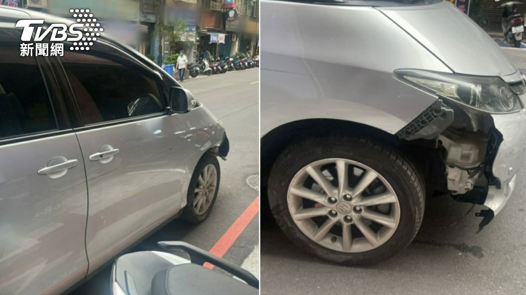 休旅車右側車頭破裂毀損、車身也有刮痕。(圖/TVBS)