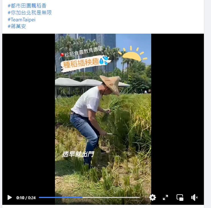 國民黨台北市長參選人蔣萬安日前也在同場地體驗收割。(圖/翻攝蔣萬安臉書)