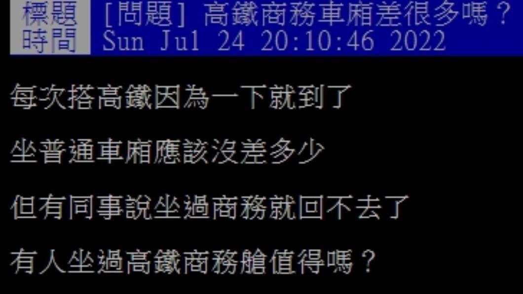 原PO好奇詢問搭乘高鐵買商務艙是否值得。(圖/翻攝自PTT)