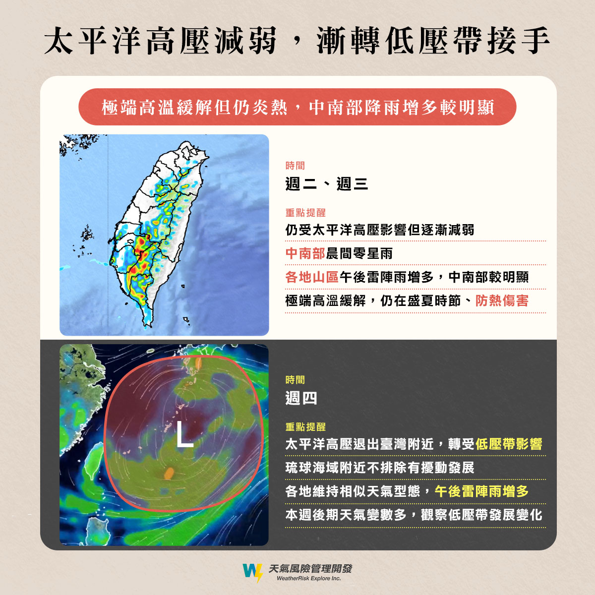 週二、週三太平壓高壓持續減弱。(圖/翻攝自「天氣風險 WeatherRisk」臉書)