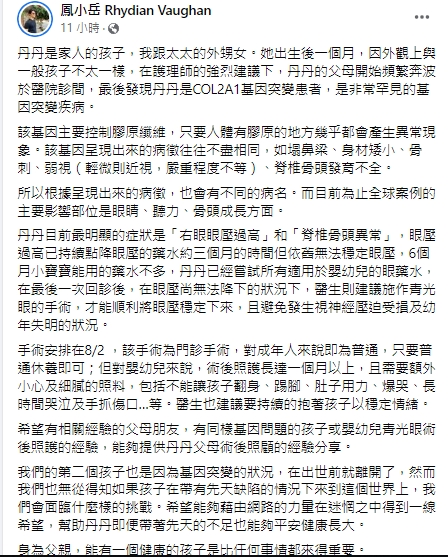 鳳小岳發長文,透露外甥女丹丹的狀況。(圖/翻攝自鳳小岳臉書)