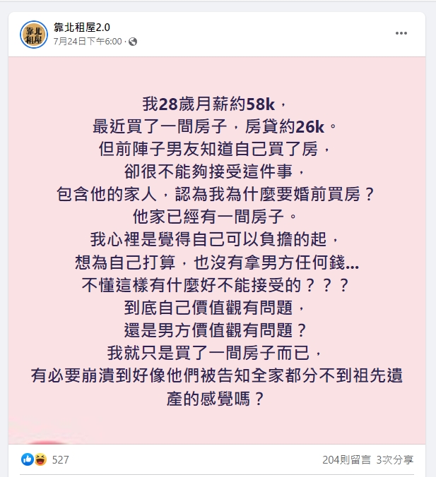 婚前買房卻讓男友家人崩潰，宛如分不到祖先遺產。（圖／翻攝自靠北租屋2.0臉書）