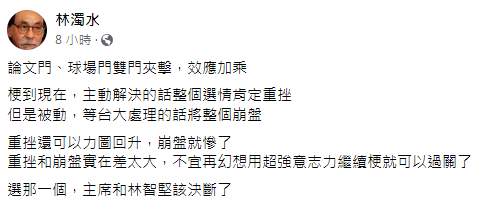 林濁水提出對林智堅陷入論文門、球場門的看法。(圖/翻攝自林濁水臉書)