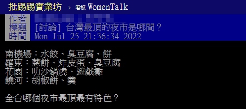 一名網友以標題「台灣最頂的夜市是哪間」發文。（圖／翻攝自PTT）