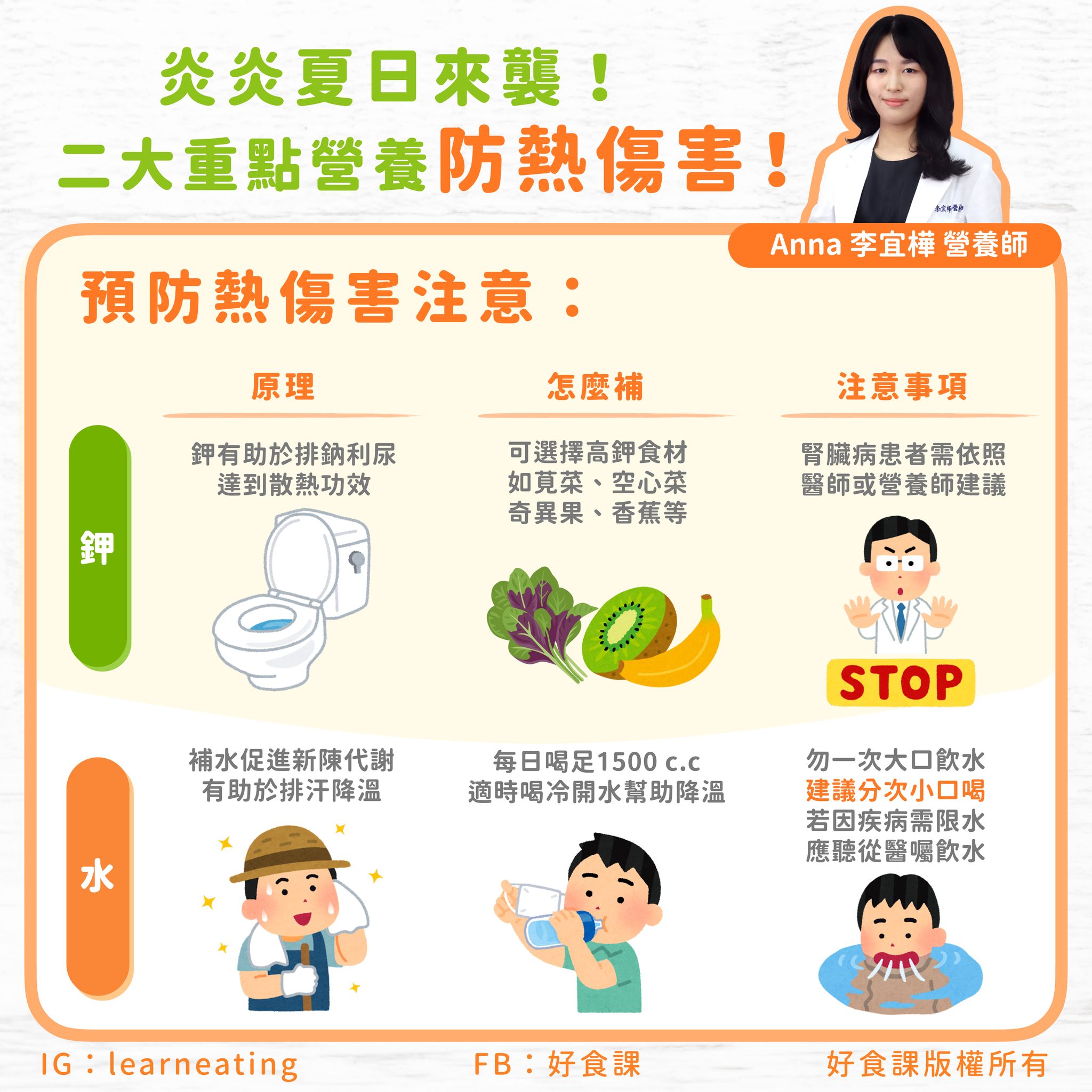 營養師李宜樺分享2大營養攝取,幫助對抗熱中暑。(圖/好食課授權提供)