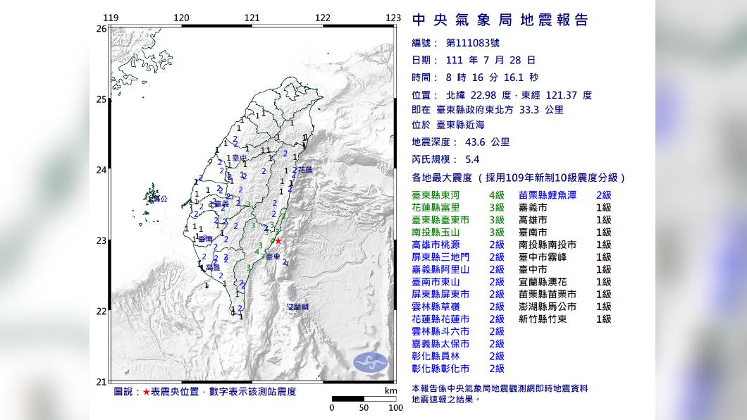 中央氣象局地震報告。(圖/中央氣象局)