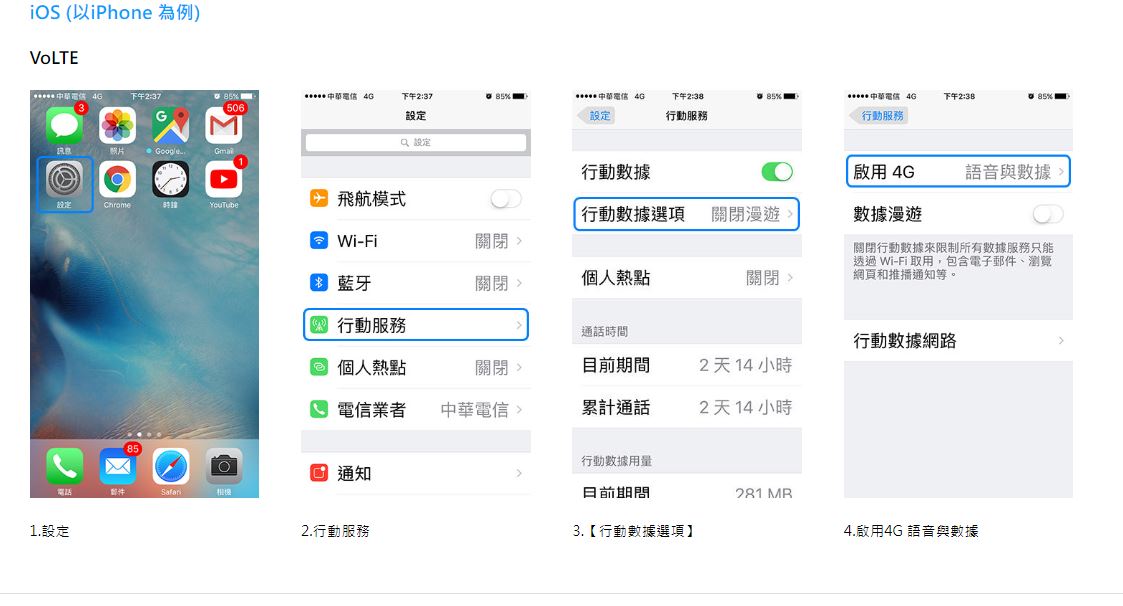 iphone開啟VoLTE步驟。(圖/翻攝自中華電信官網)