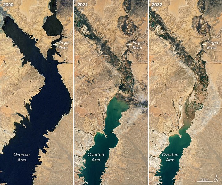 美國太空總署(NASA)的衛星照,顯示米德湖水位自2000年後驟降。(圖/翻攝自推特)