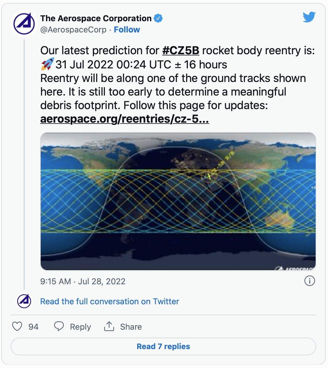 美國航空航天公司預測落下時間在台灣時間31日8時30分的前後16小時之間。(圖/翻攝自@AerosapceCorp推特)