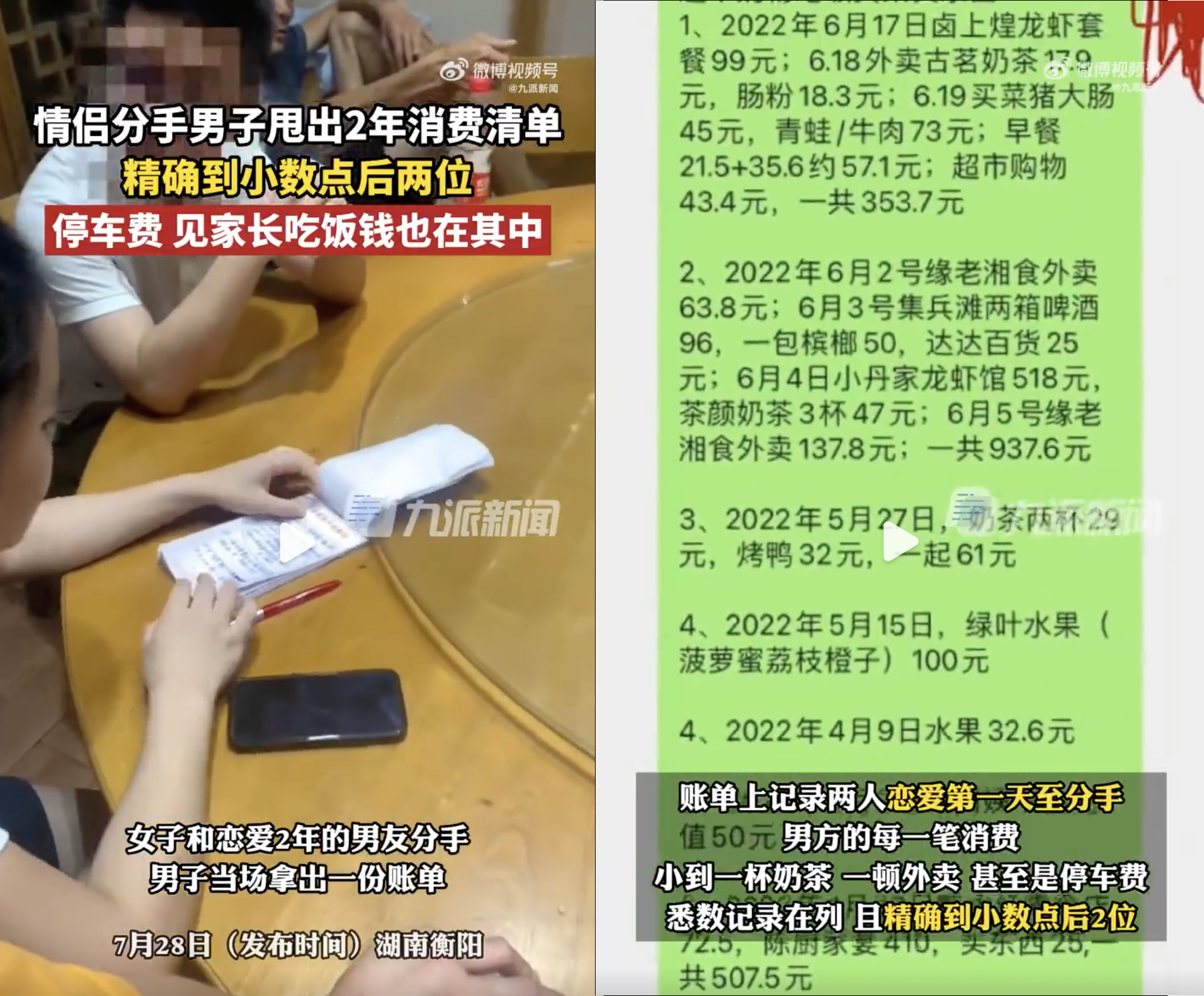 女子提分手,男友掏出帳單討帳。(圖/翻攝自微博)
