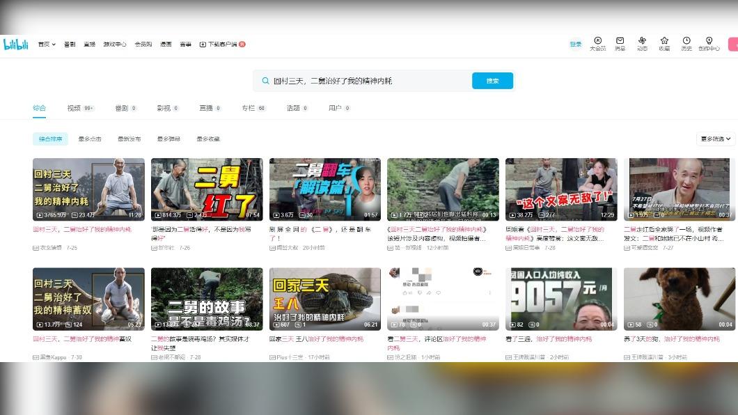 搜尋B站內容，目前「二舅」影片只剩下少部份二創或新聞片段。（圖/翻攝自嗶哩嗶哩）