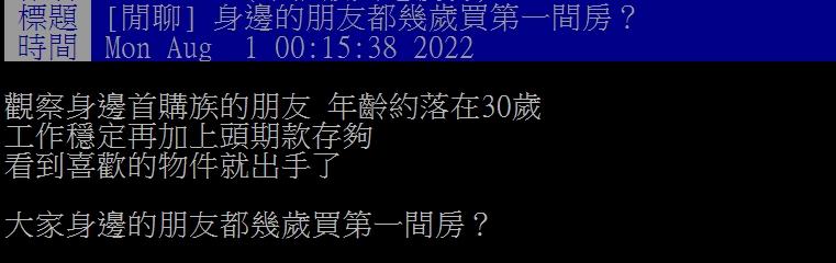 網友好奇大家身邊的朋友都幾歲買房。(圖/翻攝自PTT)