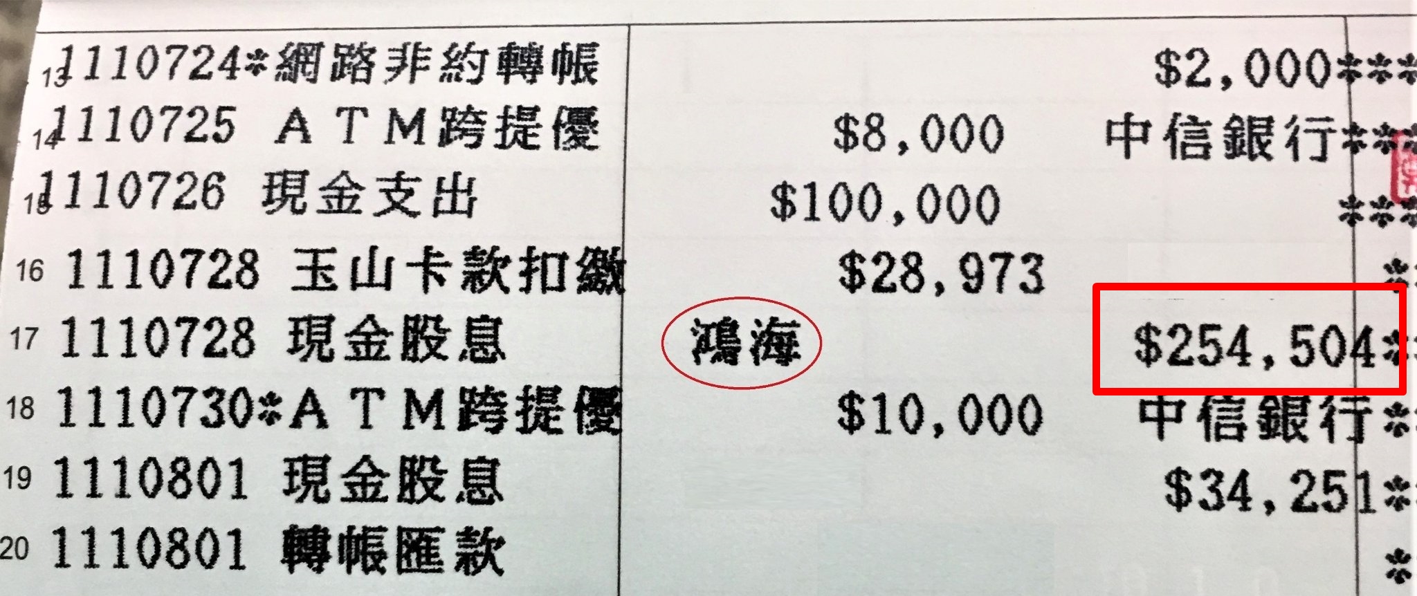 股息25萬(紅框處)進帳!(圖/翻攝自爆廢公社臉書)