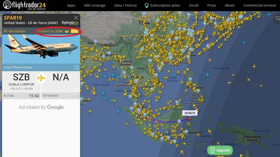 裴洛西這次造訪亞洲引起全球關注。（圖／翻攝自Flightradar24）