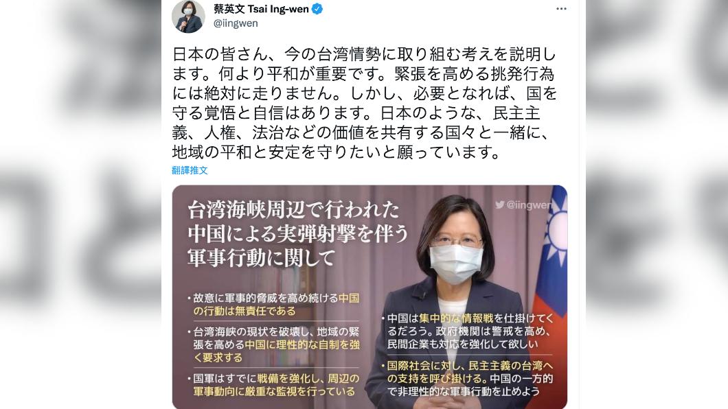 蔡英文今（5）日下午透過Twitter，發表有關昨晚談話影片的日文推文。（圖/翻攝蔡英文推透）